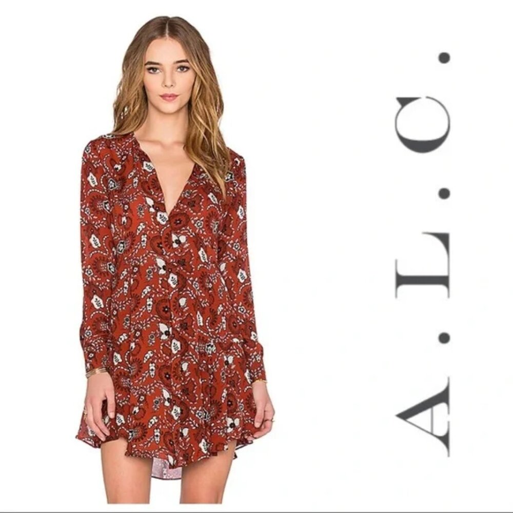 A.L.C. Randi Silk Henna Rust Silk Mini Dress Floral Paisley Long Sleeve Size 0